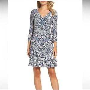 Eliza J Blue White & Pink Knit Paisley Geometric Print 3/4 Sleeves Dress NWT 18W